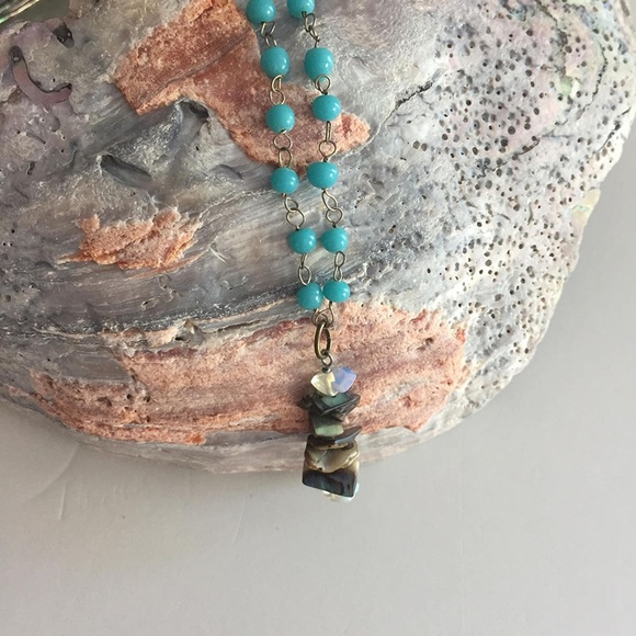 Colorful blue Y-necklace with opal and jasper gemstone pendant - faux turquoise - Picture 1 of 5
